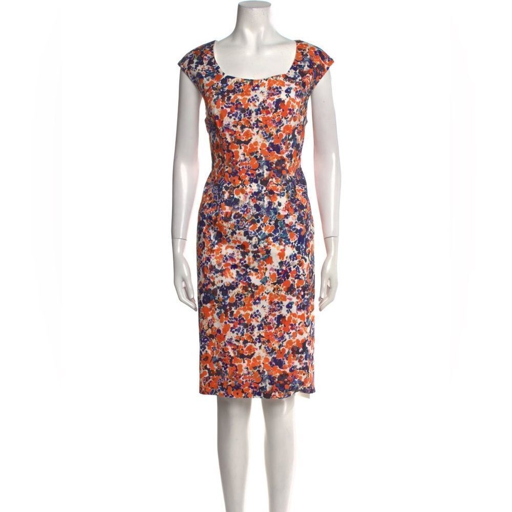 L.K. Bennett 10 Floral Print Knee-Length Dress Short Sleeve with Square Neckline